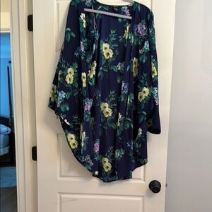 Cejon Navy Floral Open-Front Kimono with Yellow & Purple Blooms
